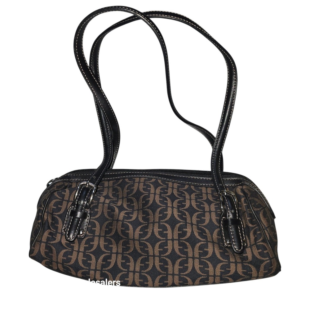 Fossil Monogram Jacquard Baguette Shoulder Bag Black Brown Leather Trim Vintage